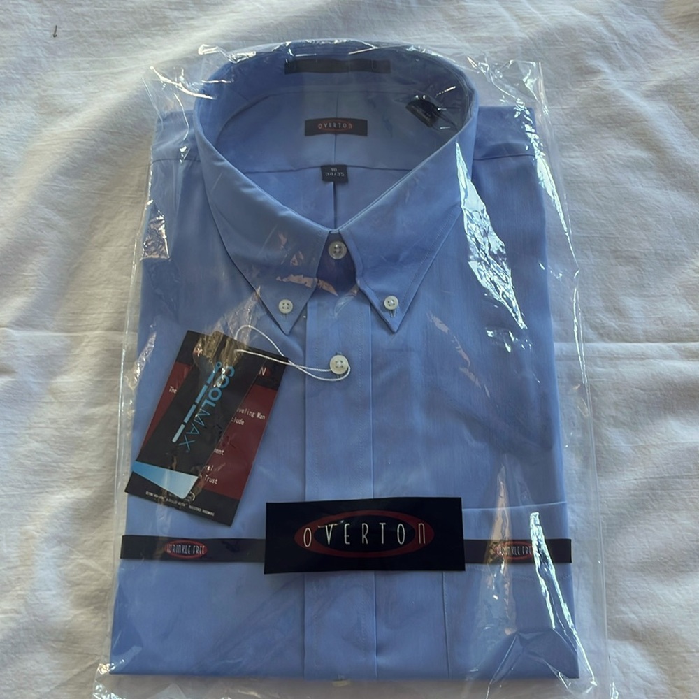 NWT Men’s Overton LS Blue wrinkle free cool max dress shirt. 18 34/35